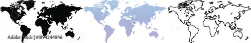 Set of Three World Map Vector Silhouettes, Including Solid Black, Blue Gradient Dotted, and Minimalist Outline Designs for Global Infographics and Travel Projects.