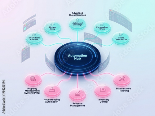 Hotel Automation Hub Ecosystem: Guest Services and Operational Management Diagram
