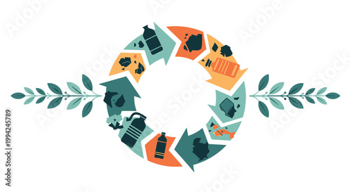 Circular Economy Concept with Recycling Symbols and Green Leaves.