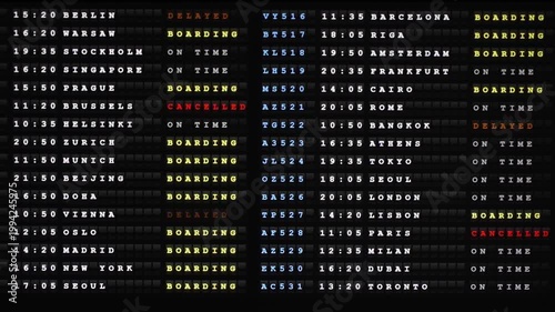 Airport flight information board with departures timetable.