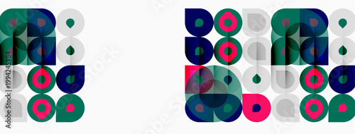 Abstract geometric pattern. Circles, squares overlap creating colorful design. Minimalist style, modern aesthetic. White background enhances vibrant hues.