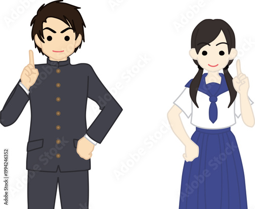差し指を立ててポイントを説明する制服姿の女子高生と男子高校生 イラスト カラー