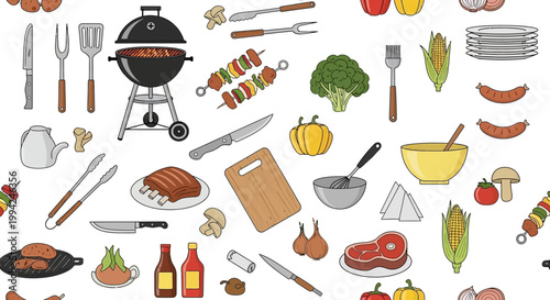 Seamless Pattern of Barbecue and Grilling Essentials for Outdoor Cooking.