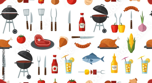 Seamless pattern of various barbecue and grill elements, food, and drinks.