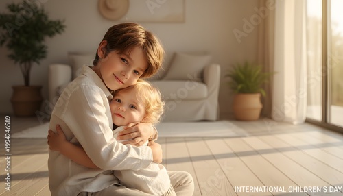 A young boy protecting a smaller child in a sunlit living room for International Children's Day concept, representing sibling love, care, and childhood innocence