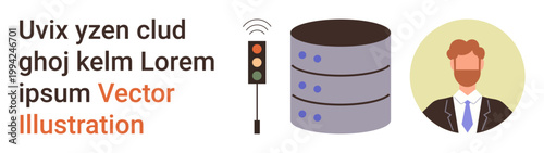 Data security, networking, technology management, business identity, professional services, communication systems. Server stack, traffic light and professional man avatar. Data security