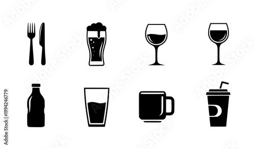 Food and Drink Icon Set Featuring Cutlery, Beer, Wine Glass, Bottle, Coffee Mug, Juice, and Beverage Symbols for Restaurant and Cafe Vector Collection
