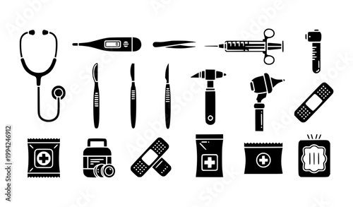 Medical Tools and Healthcare Icon Set Featuring Stethoscope, Thermometer, Syringe, Surgical Instruments, Bandage, First Aid Kit, and Hospital Equipment Vector Collection