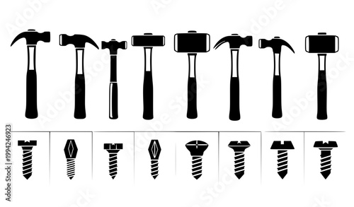 Hammer and Screw Icon Set Featuring Construction Tools, Carpentry Equipment, Different Screw Types, Fasteners, Hardware Elements, and DIY Repair Vector Collection
