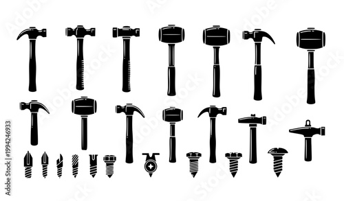 Hammer and Screwdriver Icon Set Featuring Construction Tools, Carpentry Equipment, Nails, Fasteners, Hardware Elements, and DIY Repair Symbols Vector Collection