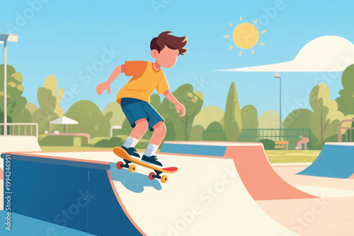 Illustration Of A Child Skateboarding In A Sun Drenched Outdoor Skateboard Park Vector Design Template