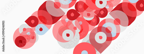 Abstract composition featuring overlapping circles. Red, white, pale pink hues create dynamic visual texture. Minimalist design, modern aesthetic.