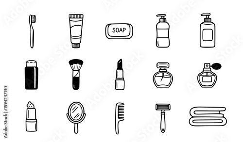 Beauty and Personal Care Icon Set Featuring Makeup, Skincare, Cosmetics, Hygiene Products, Perfume, Razor, and Bathroom Essentials Vector Collection