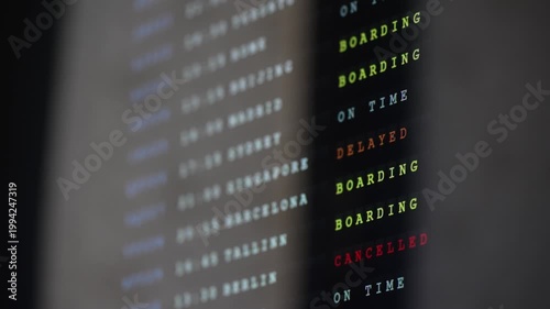 Airport flight information board with departures timetable.