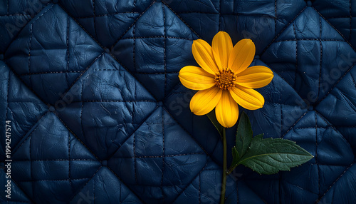 A vibrant yellow daisy stands out against a textured, dark blue quilted background, creating a striking contrast of color and pattern.