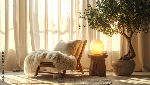 A cozy interior scene features a wooden chair draped with a fluffy white blanket, a glowing spherical lamp, and a potted olive tree bathed in soft, natural light streaming through sheer curtains.