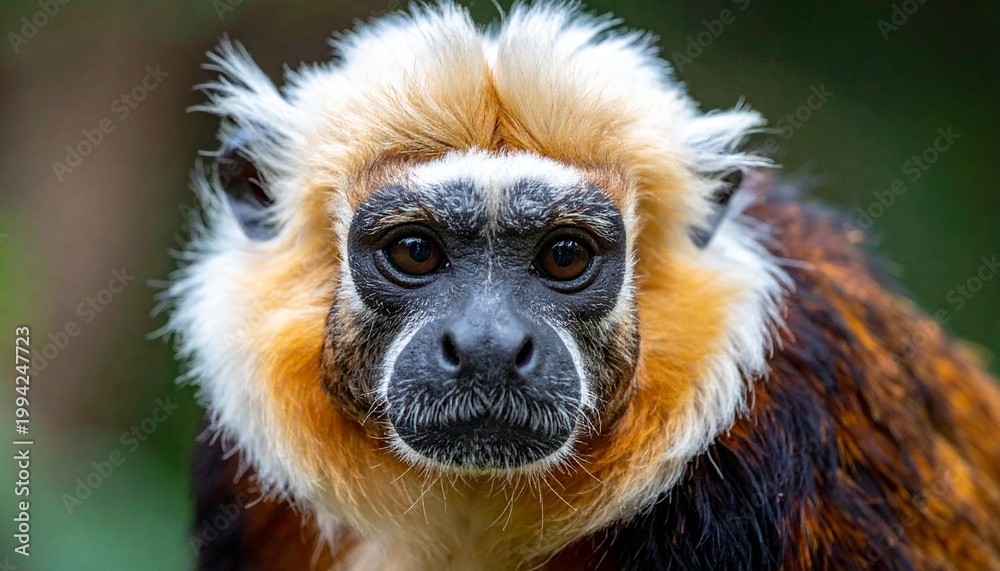 Fototapeta premium Close up portrait of a Geoffroys Tamarin monkey with distinctive golden hair and dark facial features looking directly at the camera lens.