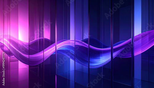 A vibrant abstract composition features flowing pink and blue light waves gracefully curving through a grid of reflective, dark purple panels, creating a mesmerizing and futuristic visual experience.