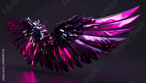 A striking digital artwork showcases a pair of stylized, iridescent wings with a blend of black and vibrant purple hues against a dark, moody background.