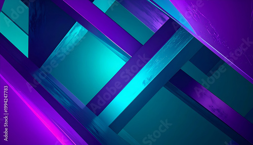 A dynamic abstract composition features intersecting planes of vibrant teal and deep purple, creating a visually striking and modern design.