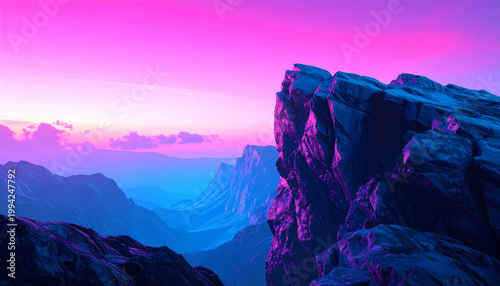 A vibrant, digitally enhanced mountain landscape glows with neon pink and deep blue hues under a dramatic sky.