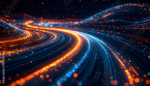 A mesmerizing abstract composition showcases vibrant streaks of orange and blue light flowing through a dark, star-like background, creating a dynamic and futuristic visual experience.