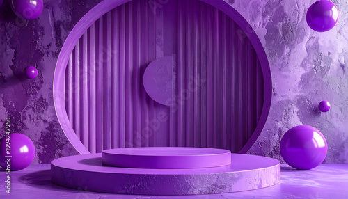 A vibrant purple stage setup with geometric shapes and floating spheres creates a modern, artistic display.