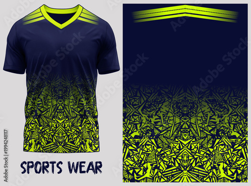 Abstract Blue  fluorescent green, Sports Jersey Design Template, Modern Athletic T-Shirt Mockup with Dynamic Wave Pattern