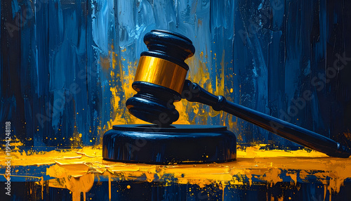 A striking abstract painting features a dark wooden gavel resting on a wooden base, set against a vibrant backdrop of blue and gold brushstrokes, symbolizing law, justice, and authority.