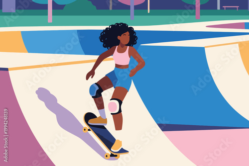 Illustration Of A Woman Skateboarder Gliding On A Skateboard Rink Vector Design Template