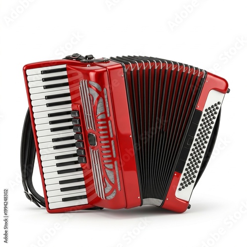 Classic red accordion isolated on pure white background music instrument