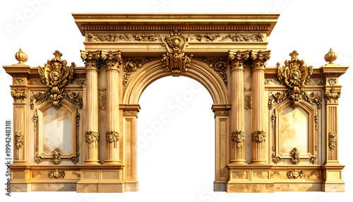 An ornate, antique golden archway stands prominently against a white background, showcasing intricate carvings and classical architectural details.