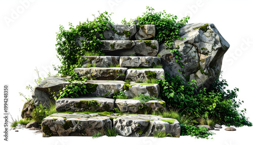 Ancient stone steps are overgrown with lush greenery, creating a natural and inviting pathway.
