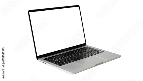 Cuadro en lienzo Premium silver laptop with black bezel and empty screen presented in three quarter perspective on transparent checkered background, great for digital advertising or app showcase