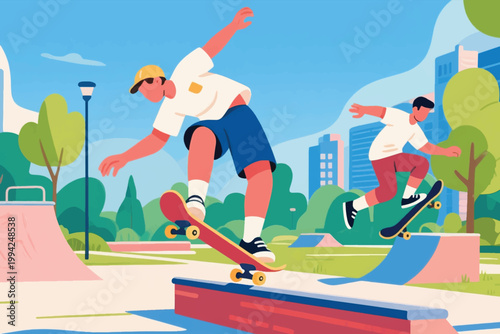Illustration Of Two Men Doing Tricks On Skateboards At A Skateboard Park Vector Design Template