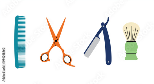 Barber tools including scissors comb straight razor and shaving brush