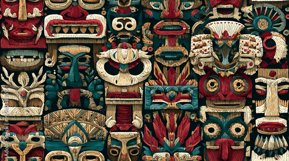 Fototapeta premium Tribal mask seamless pattern, ethnic decorative background for textile and surface design