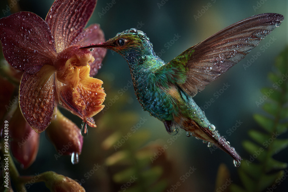 Fototapeta premium Emerald hummingbird hovering near crimson tropical orchid drinking nectar in rainforest. Sunlight Tyndall effect, lighting. Left negative space for text. Ideal for nature magazine cover.