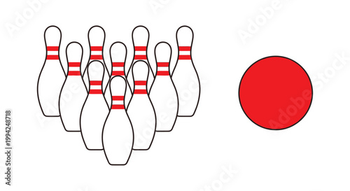 A simple illustration depicting bowling pins and a red bowling ball