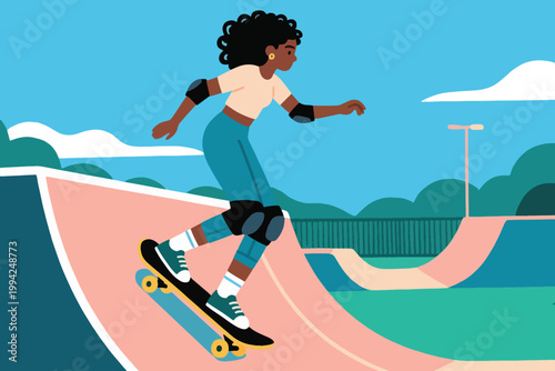 Illustration Of A Woman Playing Skateboard Sliding On The Ramp Arena Vector Design Template