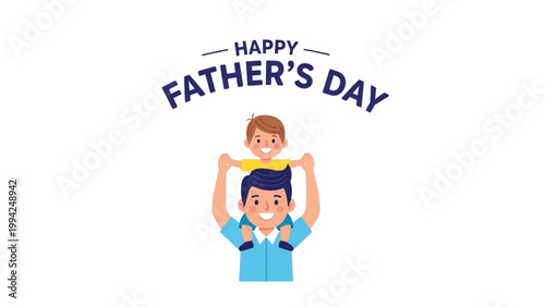 Father holds child up on Father's Day with happy illustration