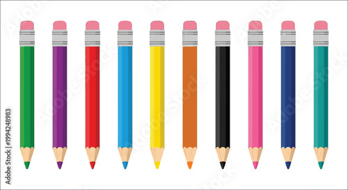 A row of colorful sharpened pencils against a plain white background