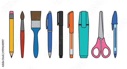 Colorful illustration depicting various school and office supplies arranged in a row