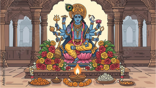 A colorful illustration of Lord Vishnu sitting on a throne surrounded by flowers and offerings indoors.