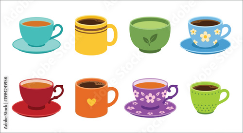 Colorful assortment of teacups and coffee mugs with various designs