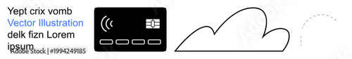 Digital payments, cloud computing, online transactions, modern technology, data transfer, virtual connectivity. A credit card emitting waves and a drawn cloud. Digital payments and cloud computing