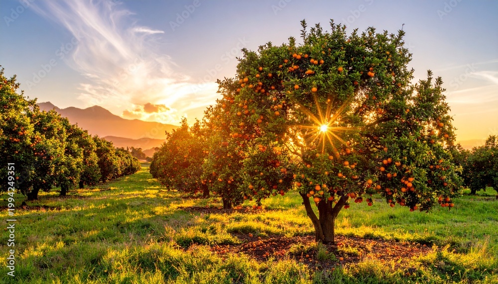 Fototapeta premium Scenic view of a vibrant orange orchard at golden hour with soft sunlight filtering through the lush green trees and ripe citrus fruits hanging.