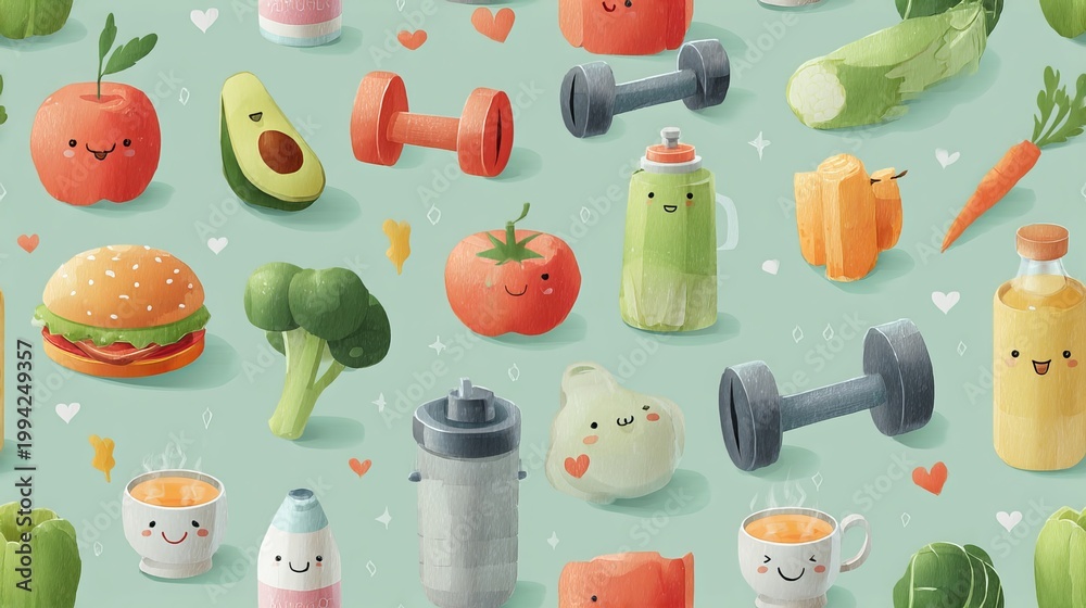 World Health Day seamless pattern with healthy lifestyle icons, colorful vector illustration for wellness design