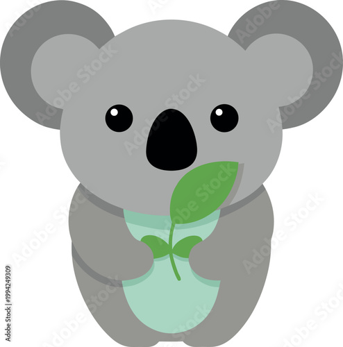 Cartoon Koala Head Cute Happy Animal Holding Eucalyptus Leaf