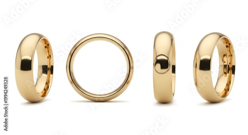 Set of four golden wedding rings presented from different angles, highlighting their polished surfaces and classic band symbolizing enduring union